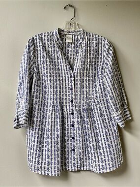 Blair Blue & White Printed Button-Front Top